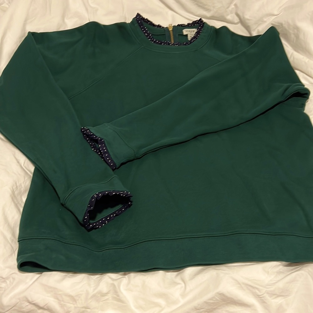 J. Crew Factory forest green sweatshirt with navy polka dot ruffle